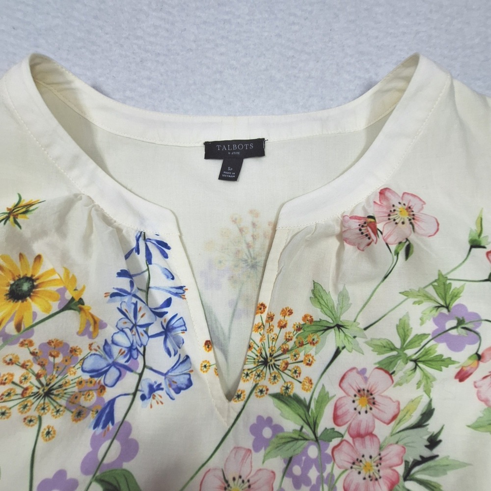Talbots Blouse Womens SP White Floral‎ Cotton Puff Sleeve Split Neck Top 002484